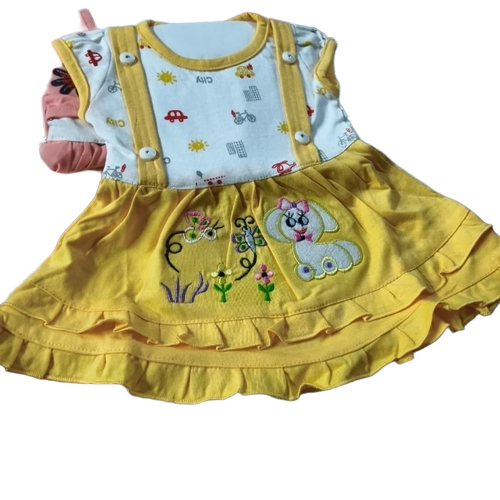 Girls Frocks - Cotton Blend Yellow & White Sleeveless | Breathable Anti-Wrinkle Quick Dry Printed Pattern