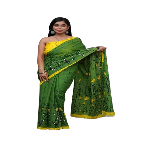 Green Flower Printed Hand Batik Pure Cotton Saree - Gender: Women