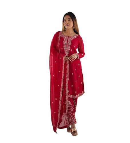 Salwar Suits - Georgette Fabric, Sizes S-XXXL, Red, Embroidered | Anti Wrinkle, Breathable, Quick Dry, Washable