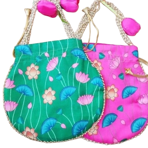 Printed Potli Bags - Silk, All Sizes, Multi Color | Drawstring Closure, Handcrafted, Ethnic Prints, Lightweight, Stylish Handle
