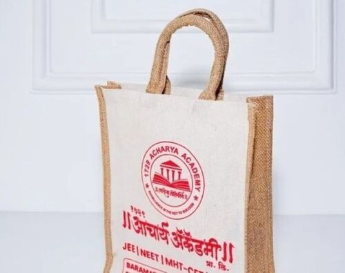 White Jute And Canvas Printed Promotional Bag - Eco Friendly Jute Material, White and Brown, Spacious Interior, Strong Handles
