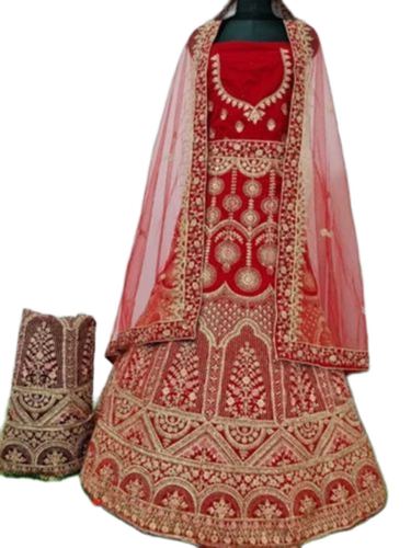 Bridal Lehenga - Georgette, All Sizes, Red | Embroidered Zarkan Work, Unstitched Set