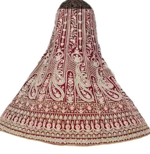 Velvet Bridal Lehenga - Georgette, Unstitched, Red Base | Machine Embroidered Zakran Work, Breathable, Trendy