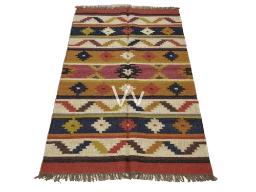 Handmade Wool Jute & Wool Combo Rug - 4x6 ft, Multi Color, Flat Weave | Geometric Kilim Pattern, Washable, Double Roll Packing
