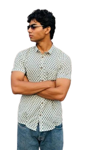 Men White Party Wear White Floral Sanganeri Printed Cotton Shirt - Age Group: Adults