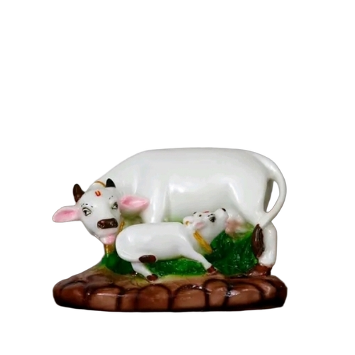 Kamdhenu Cow And Calf Idol - Marble, Various Sizes, White | Lightweight, Crack Resistant, Easy to Clean