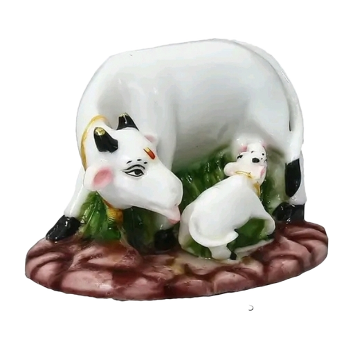 Marble Kamdhenu Cow And Calf Idol - Marble, Various Sizes, White | Crack Resistant, Religious Art & Collectible