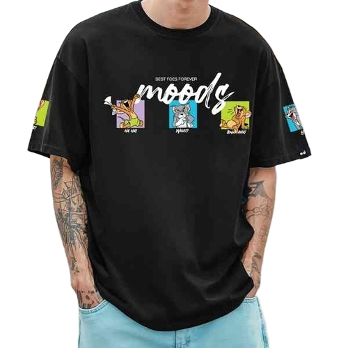 Cotton Printed T Shirt - Cotton, Black, O-Neck, Short Sleeves | No Color Fade, Comfortable, Neat Stitching, Trendy Designs