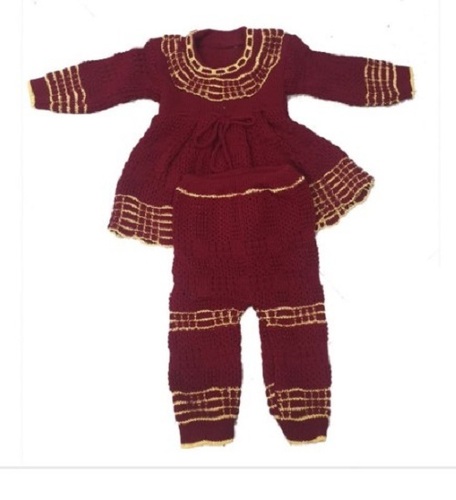 Maroon Woolen Girl Frock Pajama Set