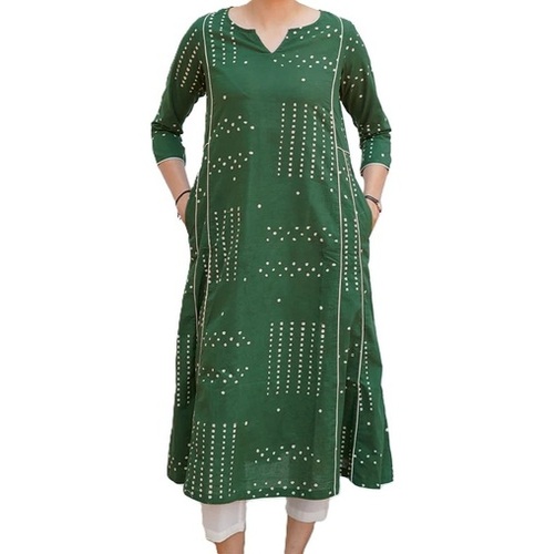 Kurti - Cotton, All Size, Green | Breathable, Washable, Embroidered 3-4th Sleeve, Casual Ladies Wear