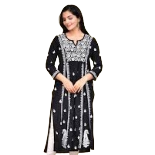 Ladies Kurti - Cotton, All Size, Black, Embroidered | Breathable, Skin Friendly, Washable, 3-4th Sleeve, Versatile Style