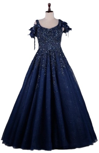Navy Blue Sequins Embroidered Gown - Sequins Bead and Cutdana Blue Floor Length | Elegant Designer Party Wear Flowy Silhouette