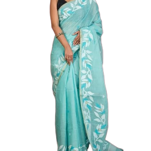 Dhakai Saree - Lightweight Jamdani Fabric, Blue and White, Intricate Designs, Soft Texture