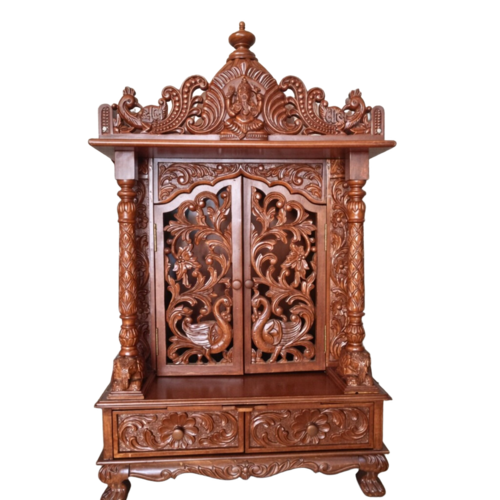 Designer Wooden Puja Temple With Door For Home - Teak Wood 30x18x60 Inch, Brown, Eco-Friendly, Polished