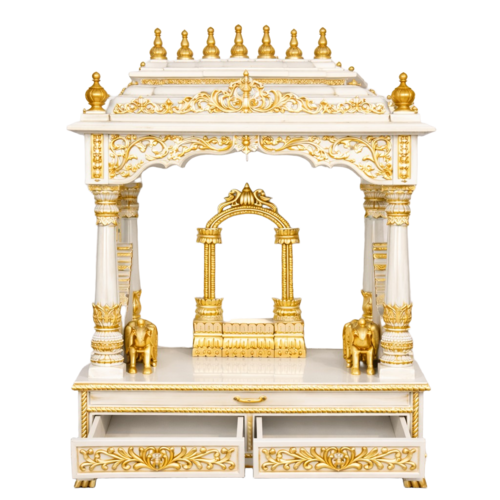 South Indian Style Wooden Designer Mandir - Color: White & Golden