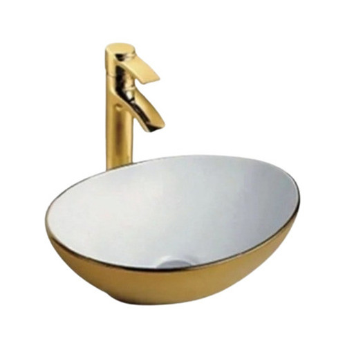 Wash Basin - Ceramic, Standard Size, White & Golden, Above Counter Installation, Round Shape, Overflow & Drain Hole, Easy to Use, Fracture and Mark Resistant Surface