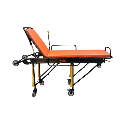Ambulance Auto Loading Stretcher - Steel Frame, Orange and Black, Hydraulic System, Adjustable Height, Locking System, Shock Absorption