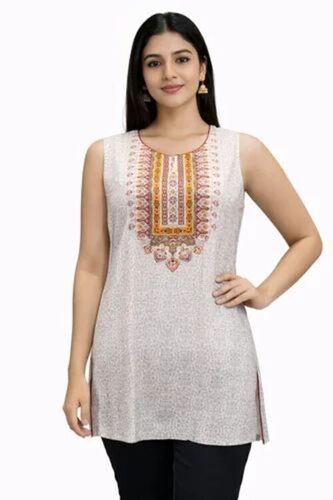 Ladies Cotton Sleeveless Kurti - Color: White