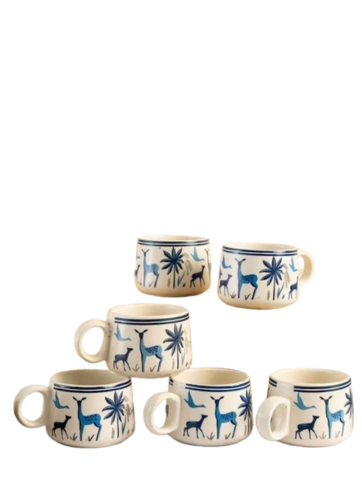 Artisanal Deer Motif Cup Collection Set Of 6 Pieces - Color: White & Blue