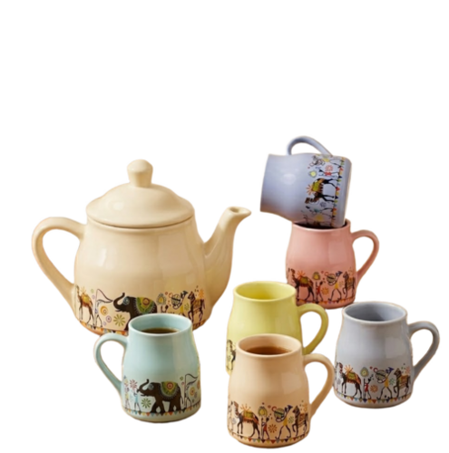 Royal Elephant Ceramic Tea Set 1 Kettle & 6 Cups, Blue & White Mughal Art - Ceramic Type: Stoneware