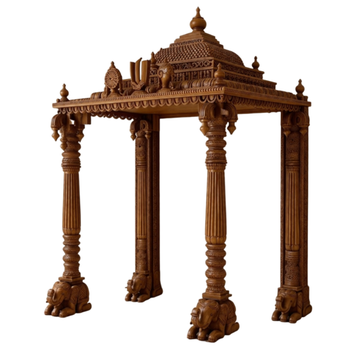 Wooden Pooja Mandir With Gopuram For South Indian Home - Material: Wood