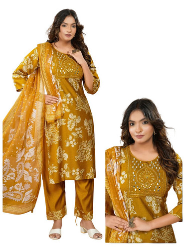 Yellow Rayon Digital Printed Aline Ladies Kurti 3 Pcs Set - Feature: Comfortable