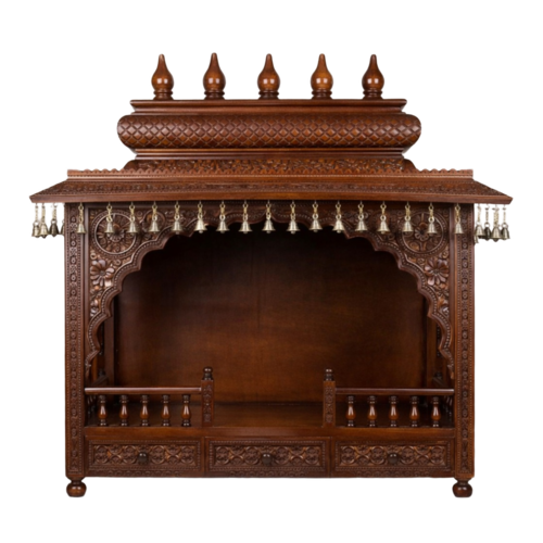 Best Home Wood Mandir Design with Brass Bells