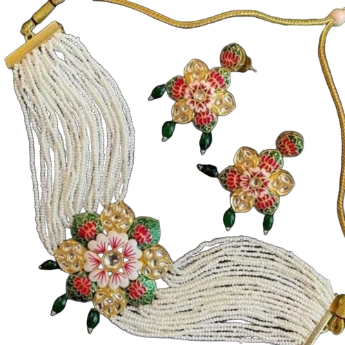 Kundan Choker Necklace - Kundan, Multicolor | Polki Stones, Gold Plating, Handcrafted Finish, Adjustable Thread, Lightweight Bridal Statement