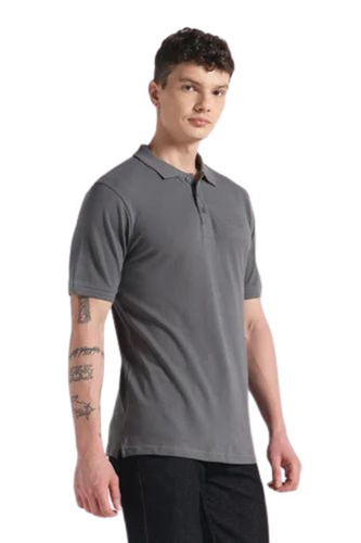 Grey Men Cotton Polo Neck T Shirt