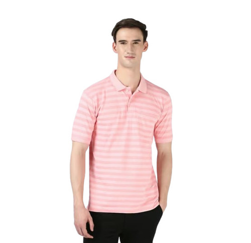 Mens Collared T Shirts - Cotton Blend, S-XXXL, Pink | Polo Collar, Quick Dry, Striped Pattern
