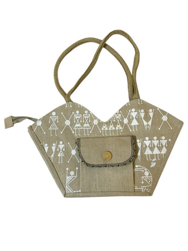 Cream Printed Jute Hand Bag - Color: Brown