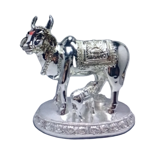 Silver Plated Kamdhenu Cow And Calf Statues