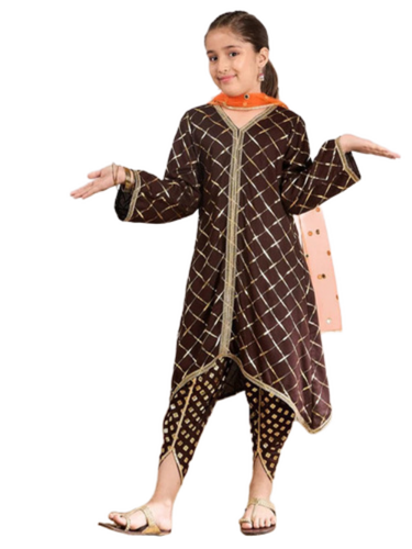Girls Brown Foil Dhoti Kurta Set - Age Group: 7 To 17 Years