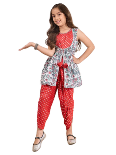 Girls Red Foil Dhoti Kurta Set - Age Group: 7 To 17 Years