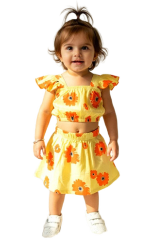 Flower Printed Yellow Girls Cotton Frocks - Color: Customer Choice