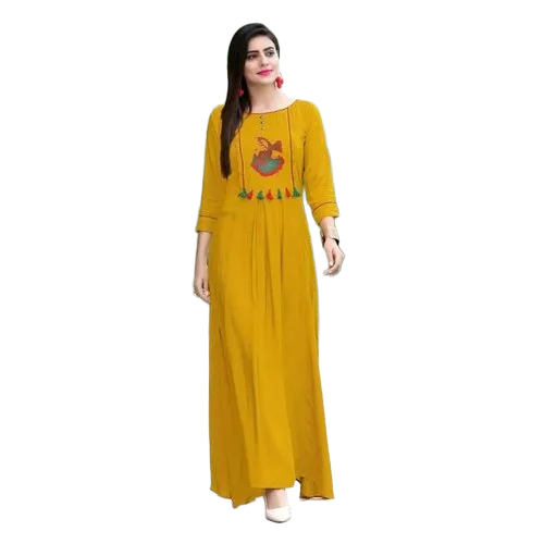 Yellow Embroidery Rayon Kurti - Color: Assorted