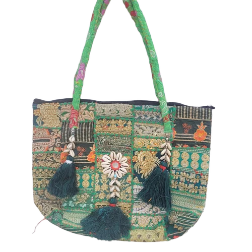 Zip Closure Banjara Cotton Shoulder Bags With Fringes - Color: Assorted