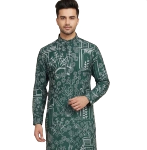 Bottle Green Printed Silk Kurta With White Pajama - Product Type: Party Wear