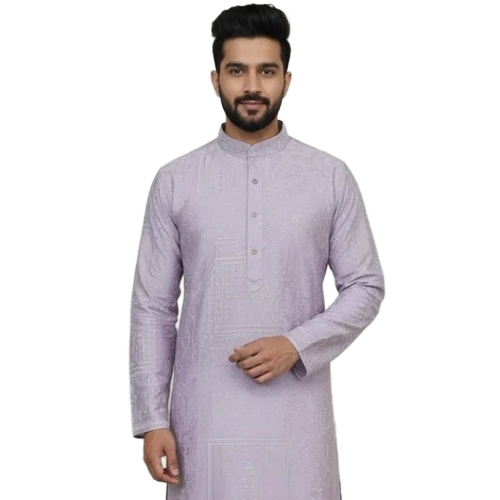 Lavender Silk Embroidery Kurta With White Pajama