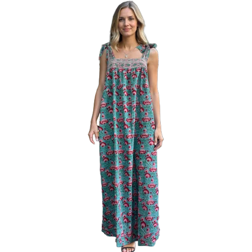 Ladies Bow Tie Strap Maxi Dress Lotus Double Border Print
