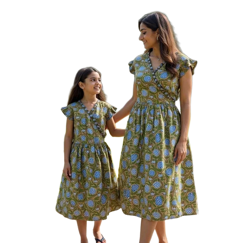 Ladies Henna Green Summer Waer Midi Length Dress With Floral Print Lightweight Cotton