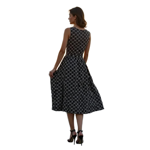 Ladies Resort Wear Cotton Black Ikat Midi Dress With Ethnic Inspired Pattern