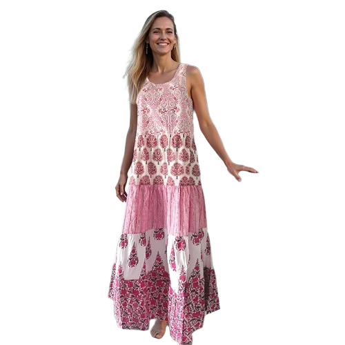 Women'S Boho Tiered Cotton Maxi Dress With Sleeveless Silhouette For Summer Wear