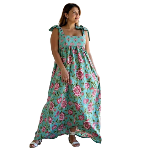 Womens Bow Tie Strap Maxi Dress Turquoise Combo Floral Print