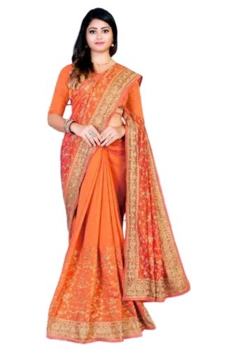 Light Orange Color New Dola Silk Stone Work Embroidery Heavy Wedding Saree - Gender: Women