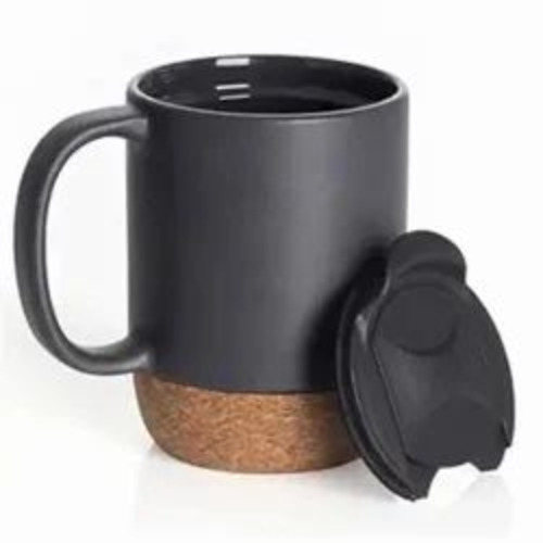 Coffee Mugs - Ceramic 300 mL, Black, Flip-Top Lid | Good Quality, Cork Base