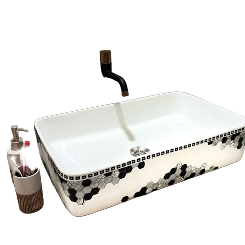 Counter Top Wash Basin - Ceramic, Standard Size, White & Black, Glossy Finish, Easy to Clean, Water Resistant, Stain & Crack Resistant