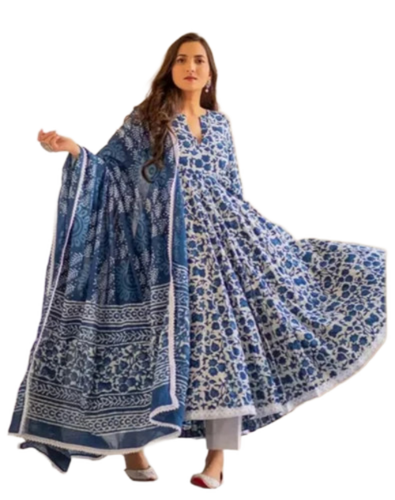 Anarkali Style 3/4Th Sleeve Cotton Designer Kurti - Color: Green