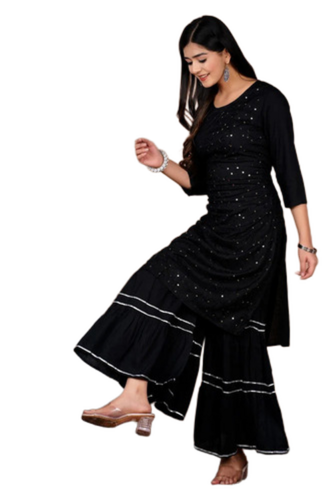 Black Straight 3/4Th Sleeve Cotton Designer Kurti - Gender: Women