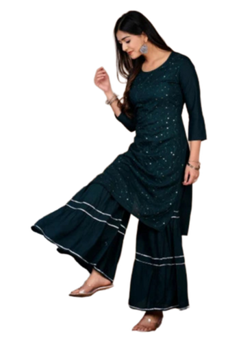 Green Straight 3/4Th Sleeve Cotton Designer Kurti - Feature: Elegant Finish